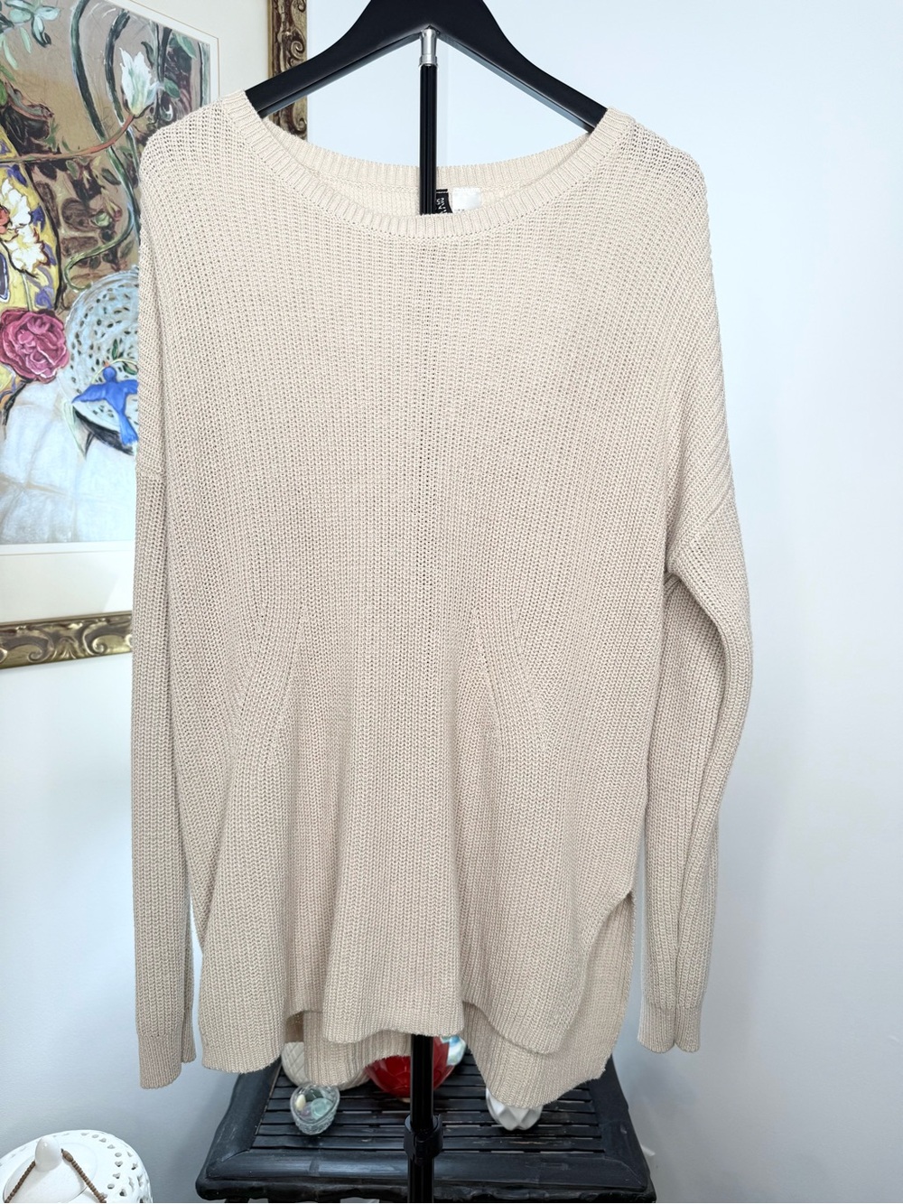 H&M Divided Sweater M Beige Chunky Knit Oversized High Low Slit Pullover